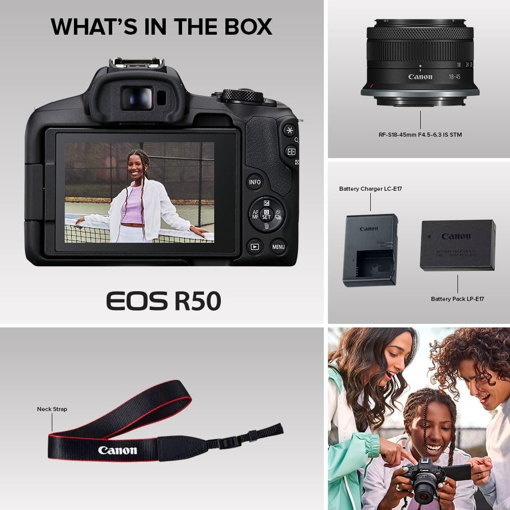 Canon EOS R50 Mirrorless Vlogging Camera (Black) w/RF-S18-45mm F4.5-6.3 is STM Lens, 24.2 MP, 4K Video, Subject Detection & Tracking, Compact, Smartphone Connection, Content Creator