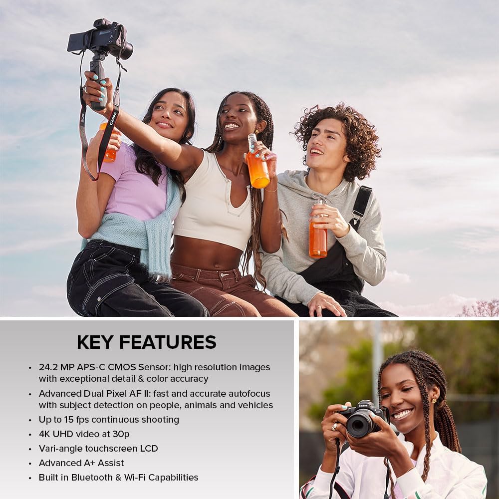 Canon EOS R50 Mirrorless Vlogging Camera (Black) w/RF-S18-45mm F4.5-6.3 is STM Lens, 24.2 MP, 4K Video, Subject Detection & Tracking, Compact, Smartphone Connection, Content Creator