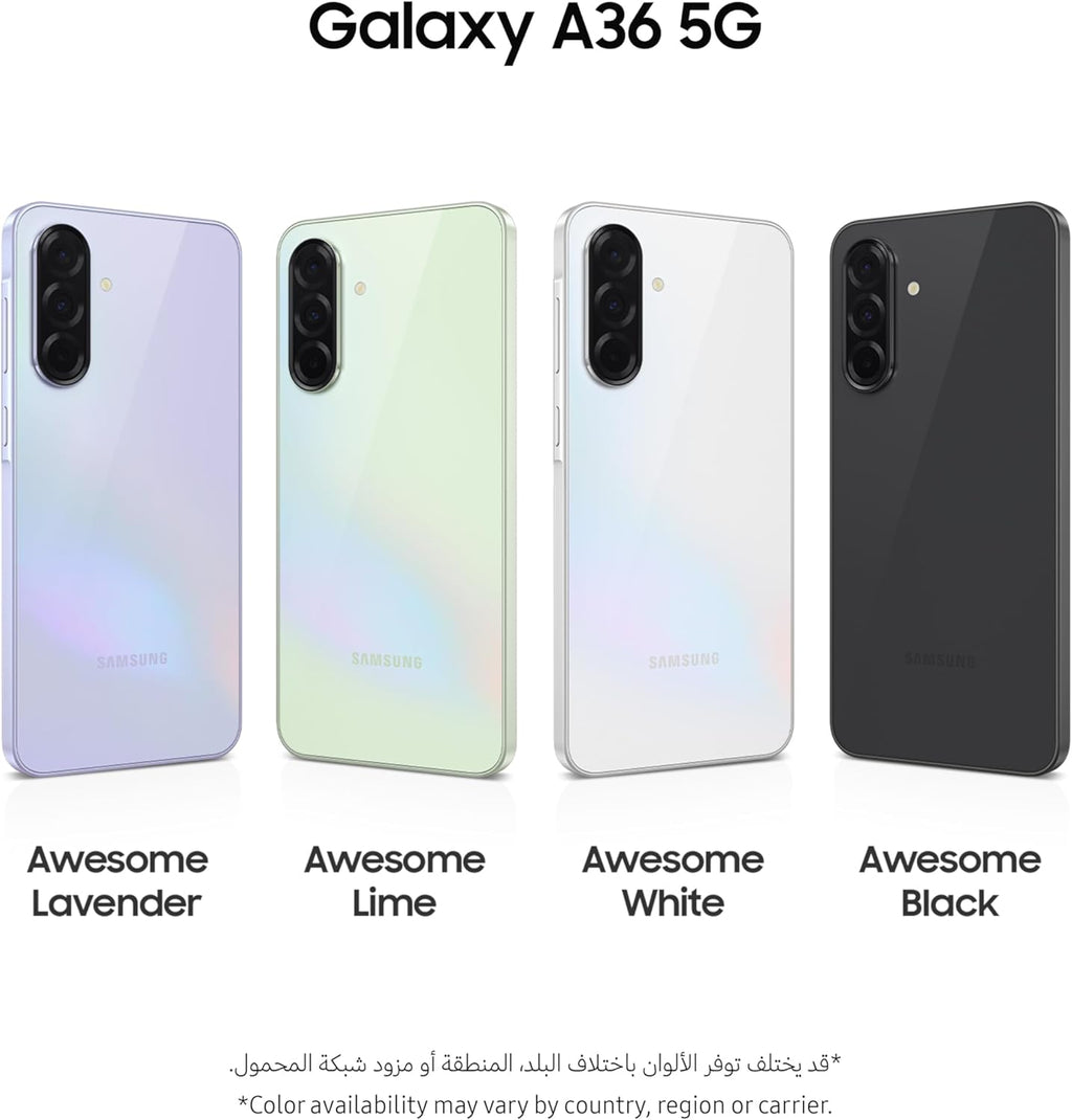 Samsung Galaxy A36 5G smartphone, 256GB storage, 8GB RAM, black, 6 operating system updates, large screen, octa-core processor, 1-year warranty