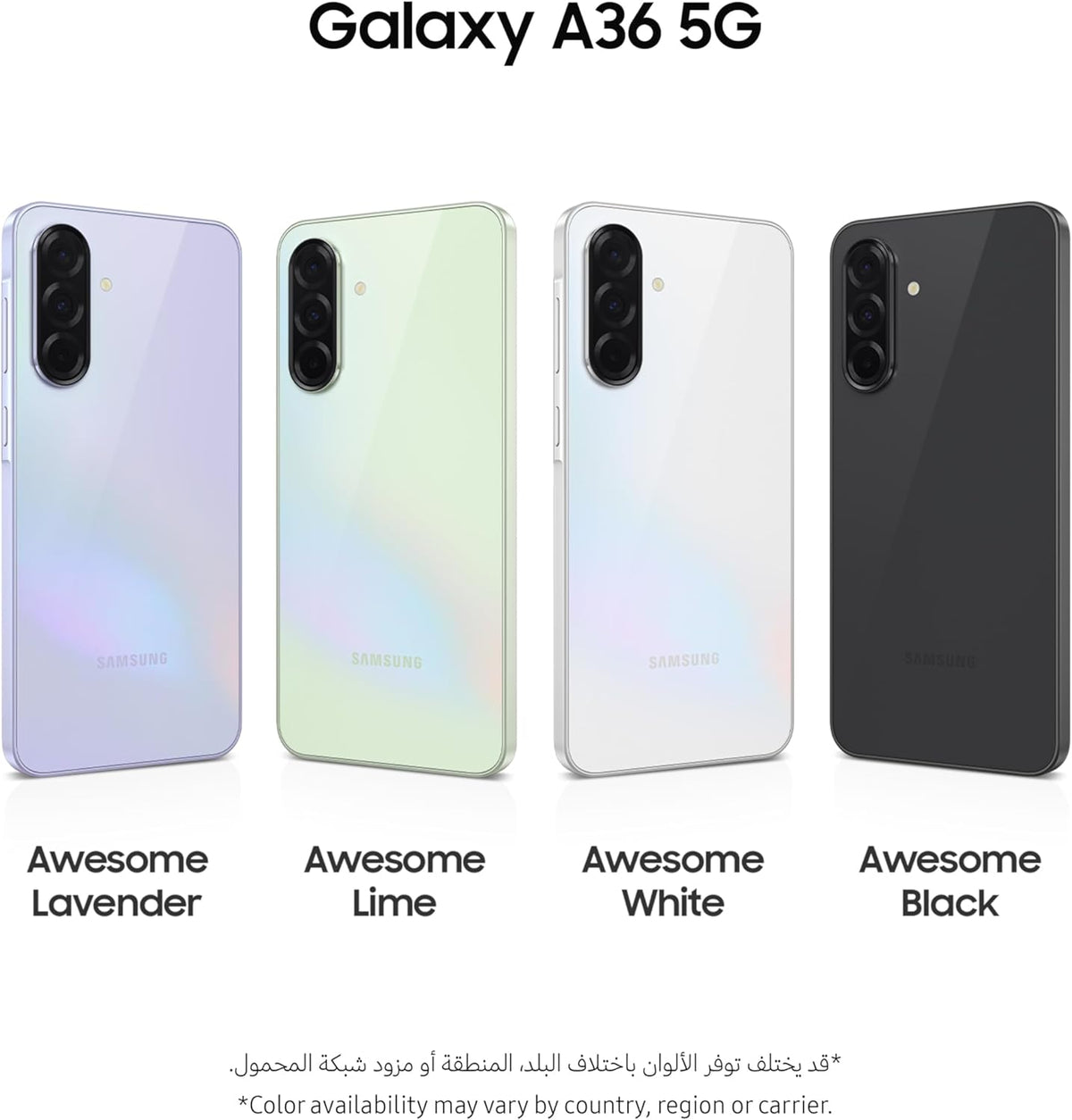 Samsung Galaxy A36 5G smartphone, 256GB storage, 8GB RAM, black, 6 operating system updates, large screen, octa-core processor, 1-year warranty