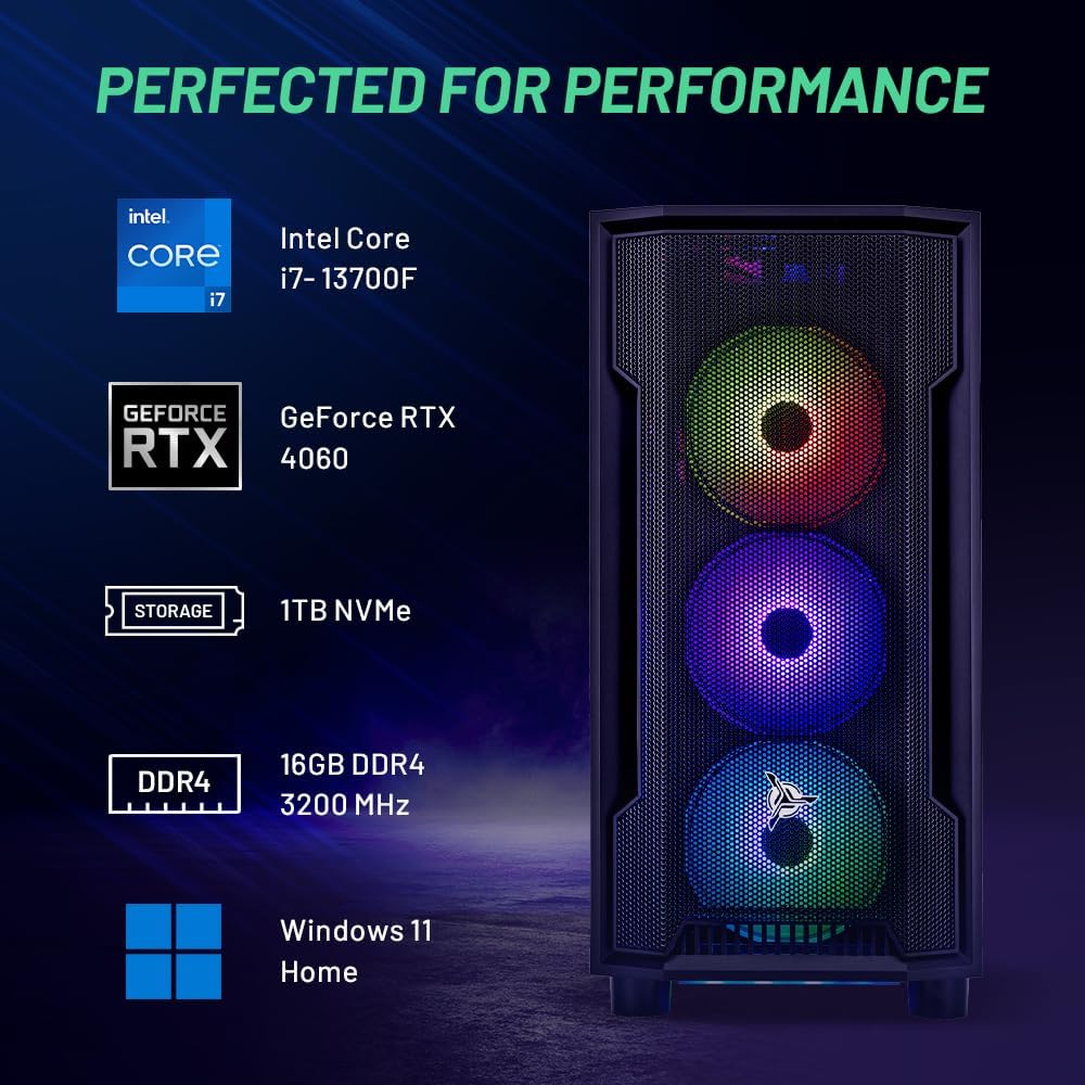 SkyTech Shadow Gaming PC with Intel Core i7 13700F 2.1GHz Processor, NVIDIA RTX 4060, 1GHz SSD, 16GB RAM, 1TB HDD, 600W Gold Power Supply, AIO 360, 360mm Wi-Fi, and Windows 11 Home 64-bit, Black