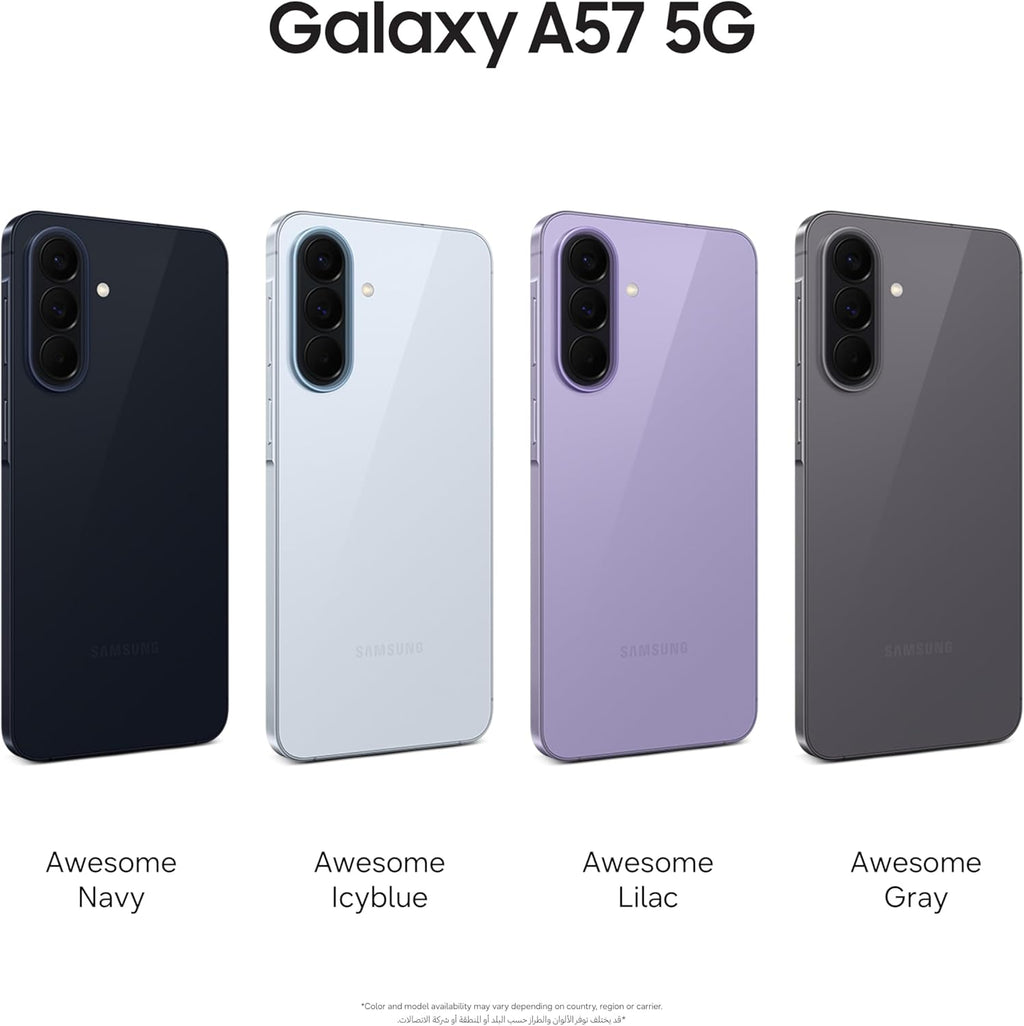 Samsung Galaxy A57 5G Android mobile phone with 256GB storage, 8GB RAM, 6 OS upgrades, large screen, 50MP camera, and long battery life, navy blue.
