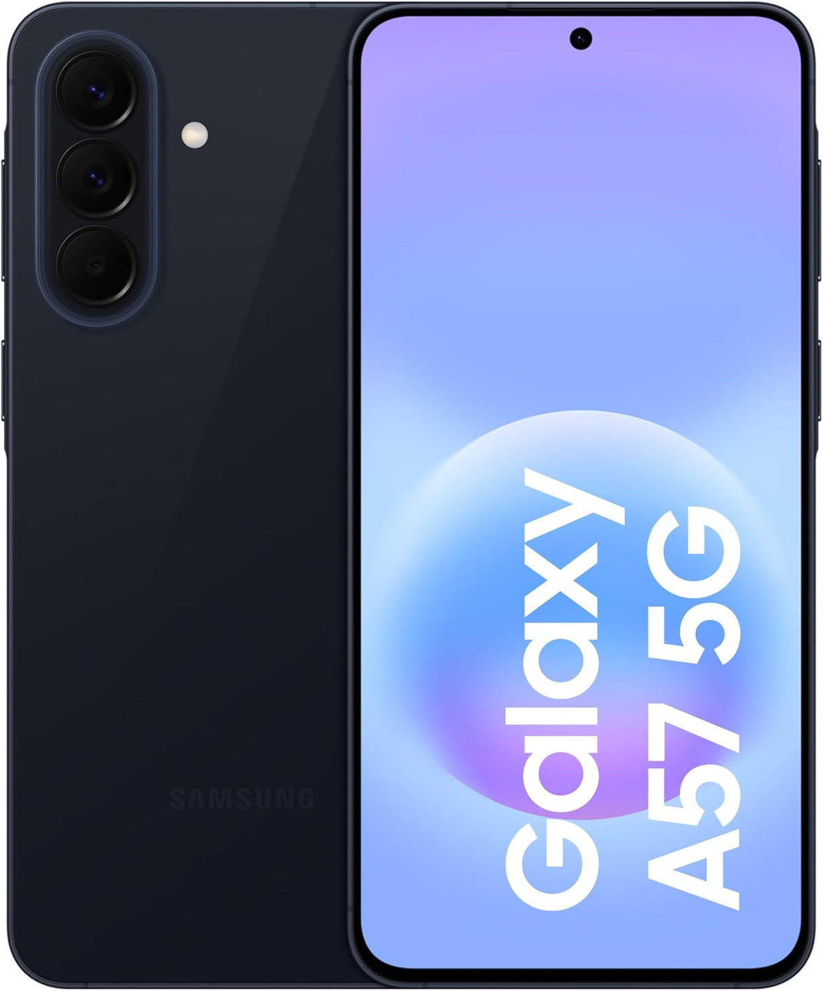 Samsung Galaxy A57 5G Android mobile phone with 256GB storage, 8GB RAM, 6 OS upgrades, large screen, 50MP camera, and long battery life, navy blue.