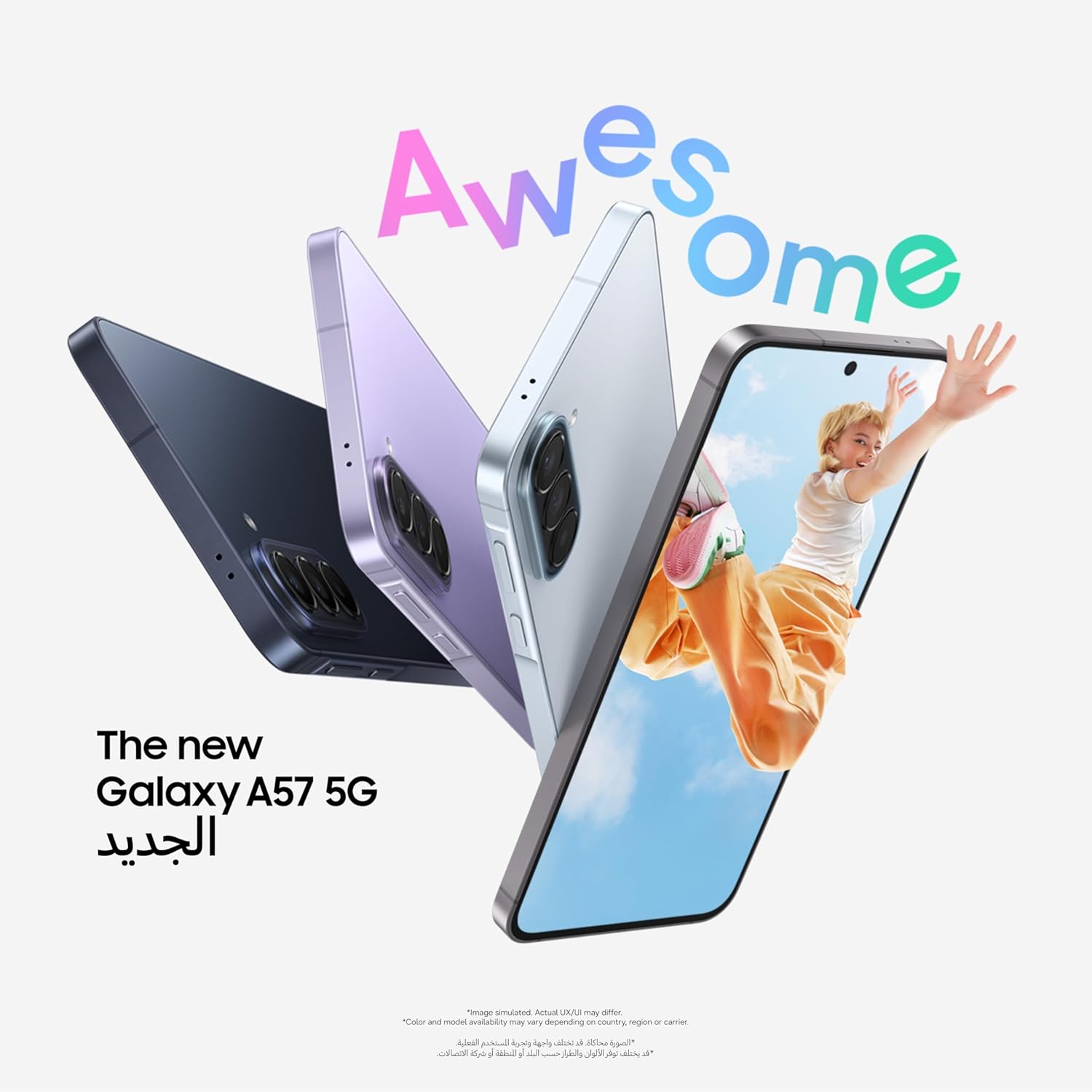 Samsung Galaxy A57 5G Android mobile phone with 256GB storage, 8GB RAM, 6 OS upgrades, large screen, 50MP camera, and long battery life, navy blue.