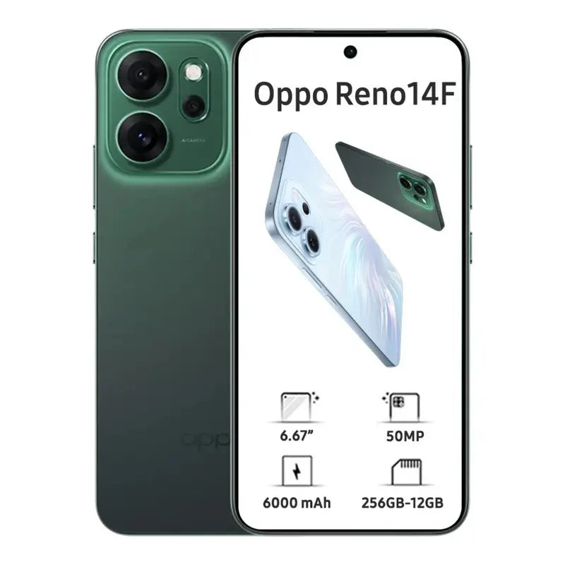 Oppo Reno 14F Mobile Phone, 5G Network, 12GB RAM, 256GB ROM, Luminous Green (Bright Green)